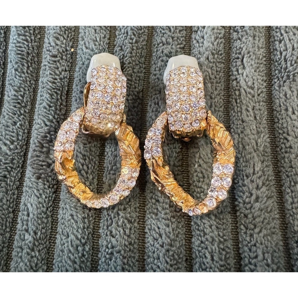 Vintage Ciner Door Knocker Gold Tone Crystal Dangle Clip On Earrings‎